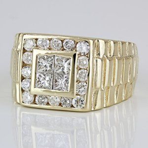 14k Yellow Gold Men's President-Style Princess + Round-cut Diamond Cocktail Ring